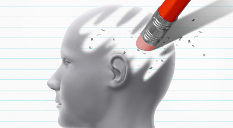 Pencil eraser wiping away part of a human head, symbolizing memory loss and Alzheimer's.