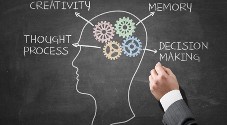 Chalk drawing of a head profile with gears, memory, and thought process on a blackboard.