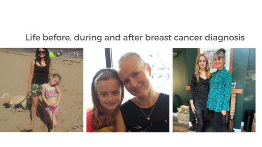 Three photos of a mother and daughter before, during, and after breast cancer treatment.