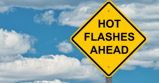 Yellow road sign reading Hot Flashes Ahead against a blue sky with white clouds.
