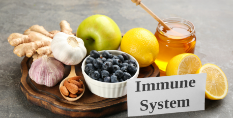 Fresh ginger, garlic, blueberries, lemon, and honey with an Immune System sign