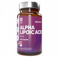 Northvit Alpha Lipoic Acid 650mg supplement in an amber glass bottle with a purple label