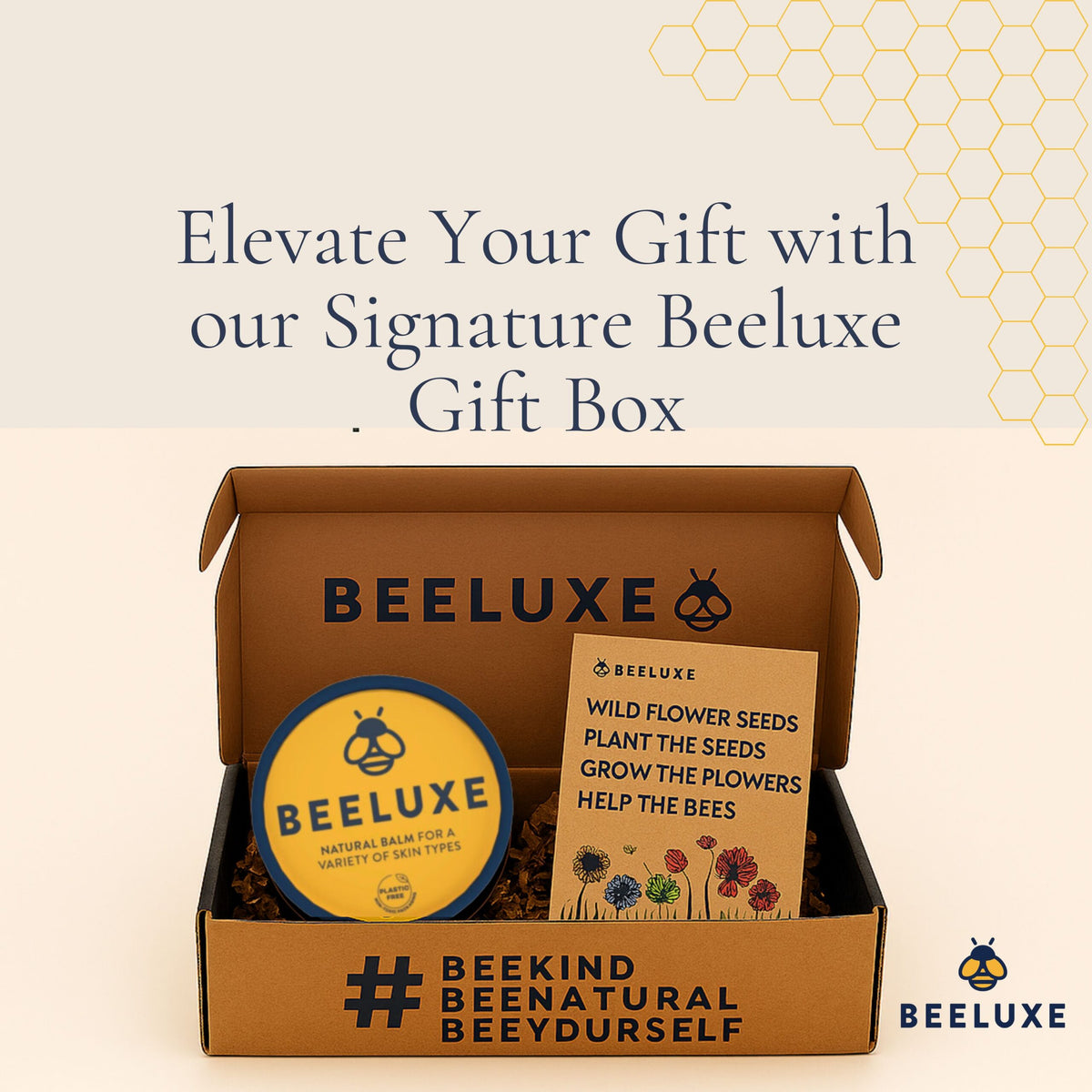 Beeluxe gift box with natural skin balm tin and wildflower seed packet.