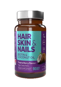 Amber bottle of Hair, Skin & Nails biotin and coconut oil supplement melts.