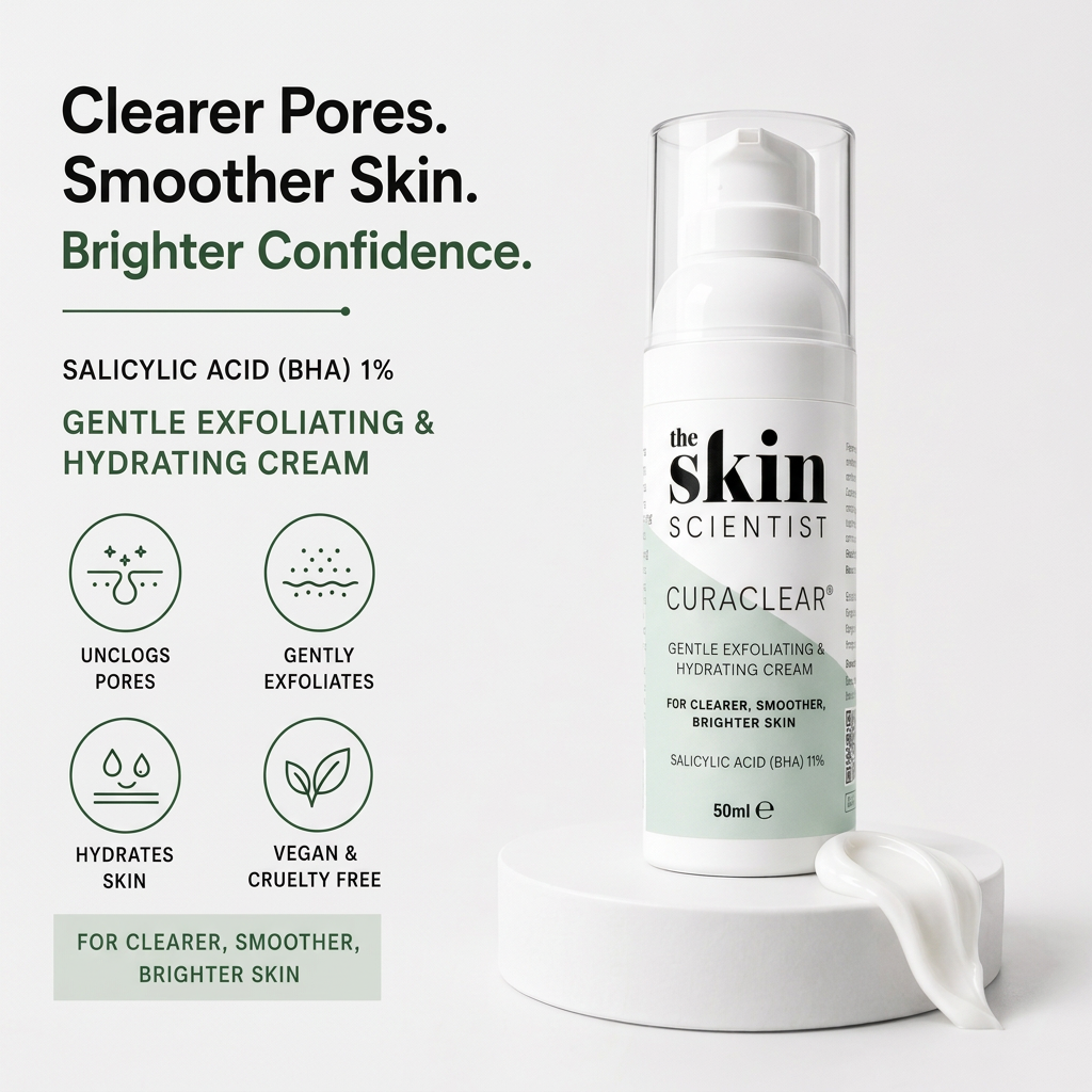 CURACLEAR 1% Salicylic Acid cream bottle with pump dispenser on a white pedestal, featuring product benefits and icons.