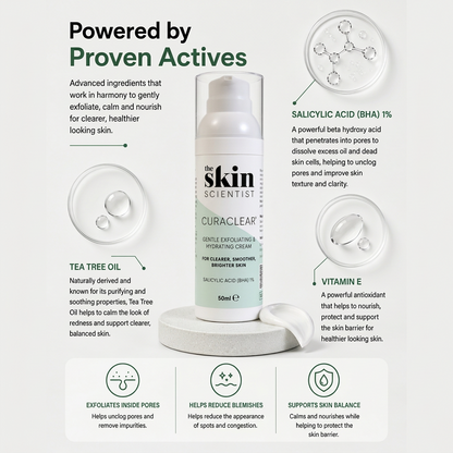 CURACLEAR 50ml salicylic acid cream bottle on a stone base, surrounded by ingredient icons for BHA, tea tree oil, and vitamin E.
