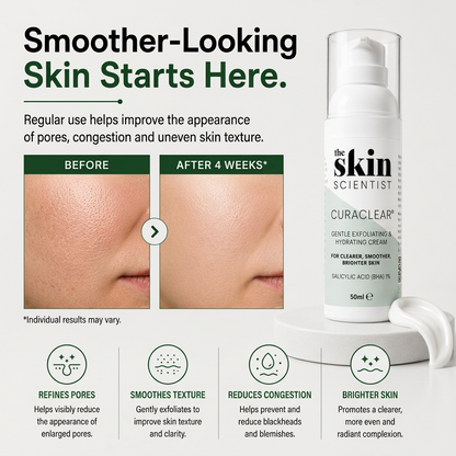 CURACLEAR 50ml pump bottle with before and after skin texture results and benefit icons on a white background.