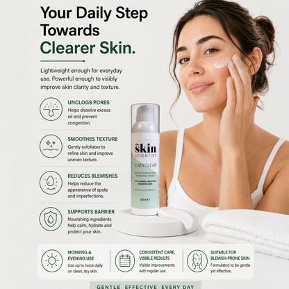 CURACLEAR 1% BHA exfoliating cream bottle with a woman applying cream to her face, surrounded by skincare benefit icons.