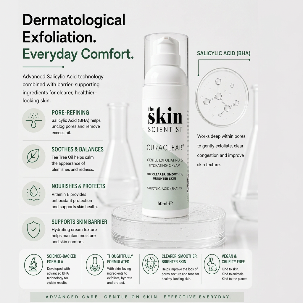CURACLEAR 50ml white pump bottle on a glass pedestal, surrounded by scientific icons and text explaining BHA exfoliating benefits.