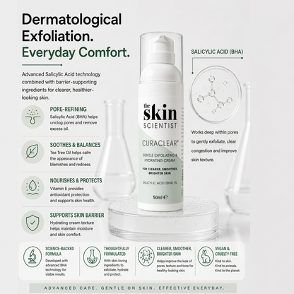 CURACLEAR 50ml white pump bottle on a glass pedestal, surrounded by scientific icons and text explaining BHA exfoliating benefits.