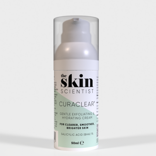 CURACLEAR 50ml pump bottle of salicylic acid exfoliating cream with a white cap and light green label.