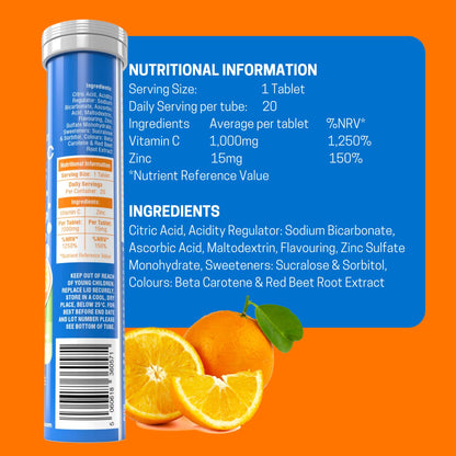 Vitamin C and Zinc effervescent tablet tube with nutritional information and orange slices