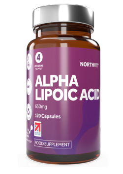 Bottle of Alpha Lipoic Acid supplement with purple label on a white background