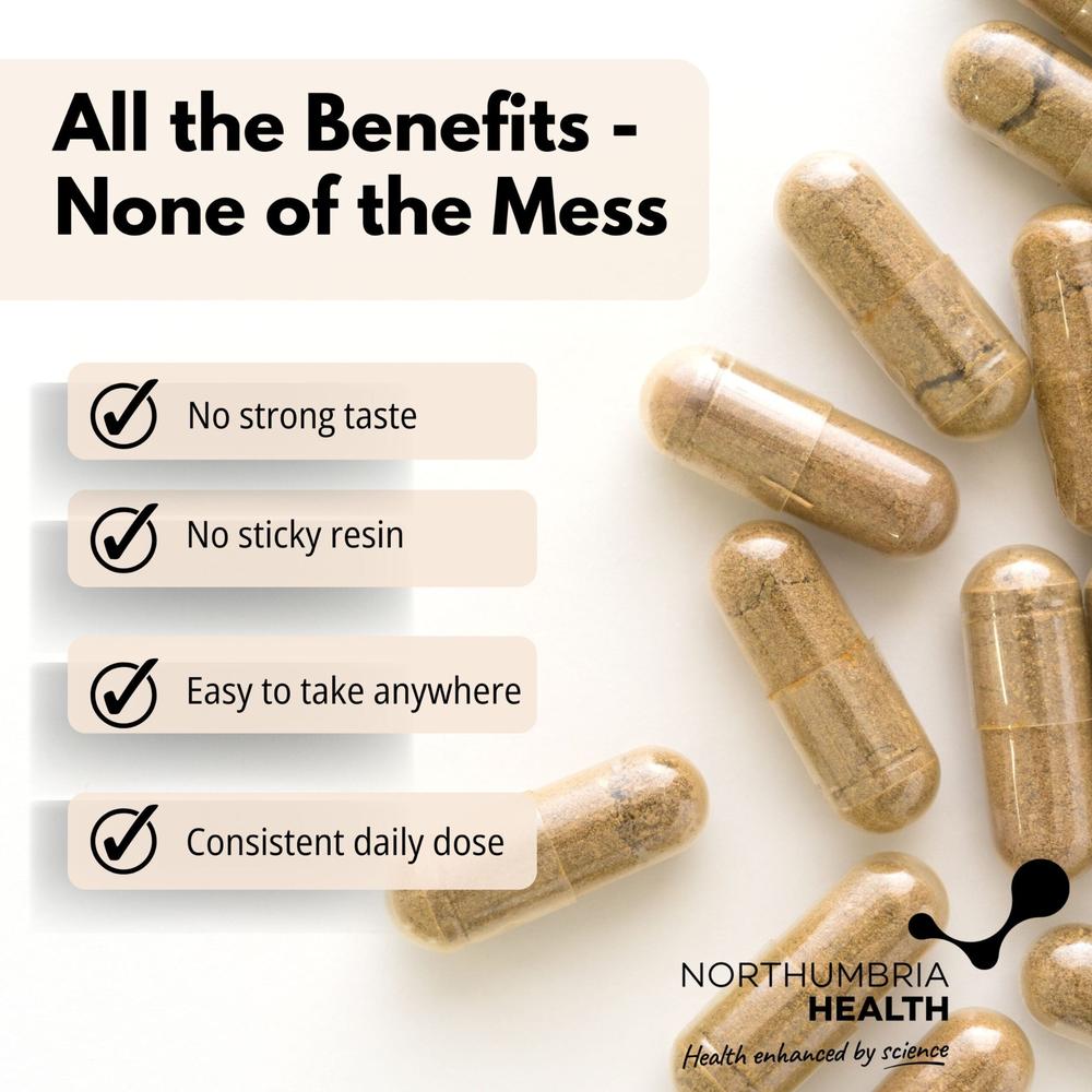 Northumbria Health Shilajit capsules with key benefits listed on a beige background.