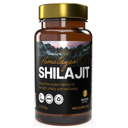 Himalayan Shilajit 1500mg capsules in an amber bottle with a gold lid.
