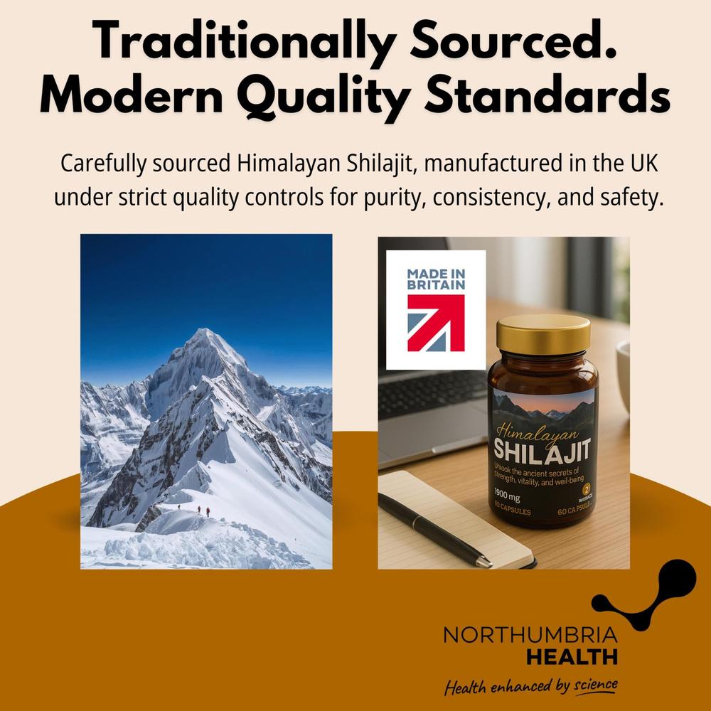 Himalayan Shilajit capsules bottle next to a snowy mountain peak graphic.
