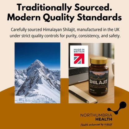Himalayan Shilajit capsules bottle next to a snowy mountain peak graphic.