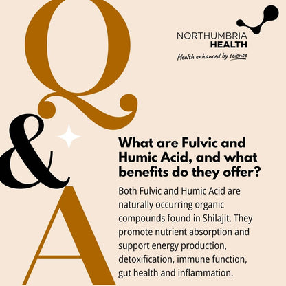 Northumbria Health Q&A graphic explaining the benefits of Fulvic and Humic Acid in Shilajit.