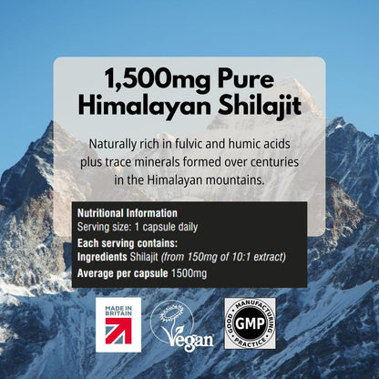 1500mg Pure Himalayan Shilajit nutritional info overlaying a snowy mountain peak.