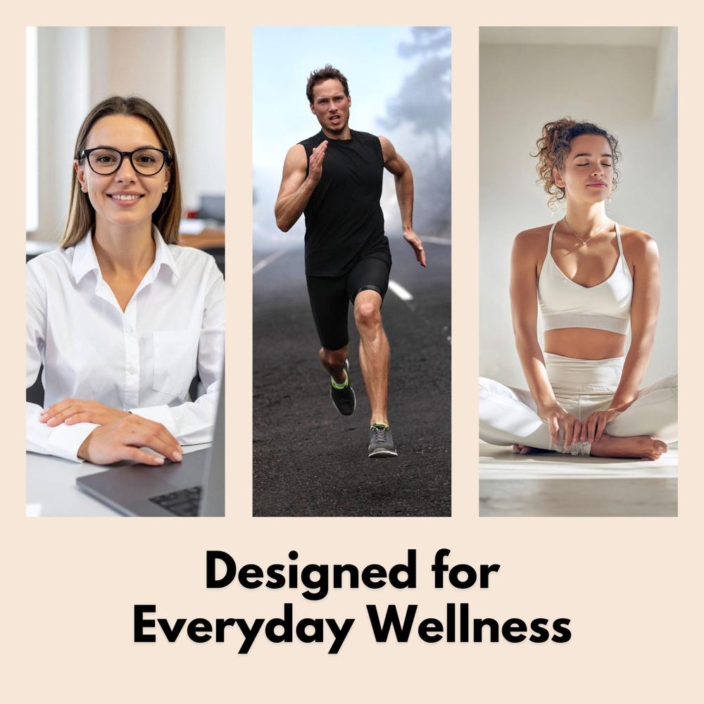 Three panels showing a working woman, a running man, and a meditating woman for everyday wellness.
