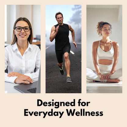 Three panels showing a working woman, a running man, and a meditating woman for everyday wellness.
