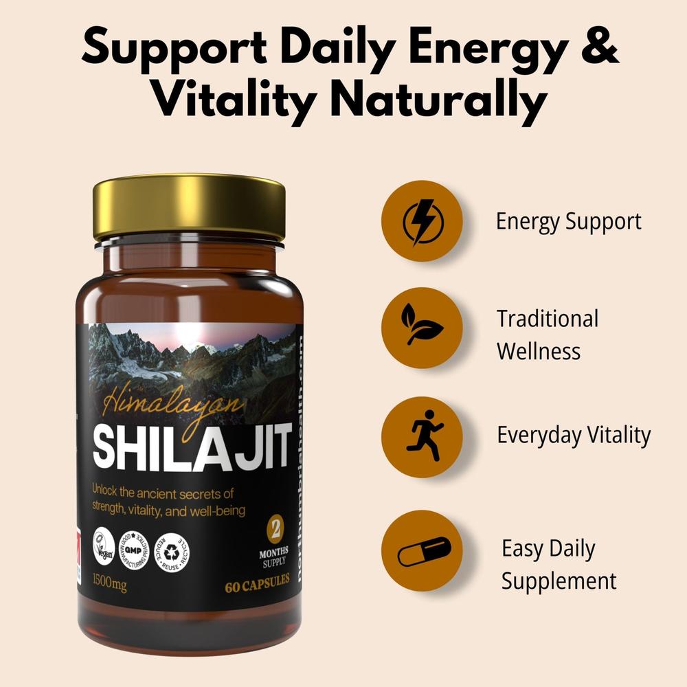 Himalayan Shilajit 1500mg capsule bottle with energy and vitality benefits listed.
