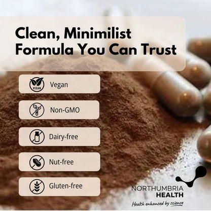 Shilajit powder and capsules with vegan, non-GMO, and gluten-free labels.