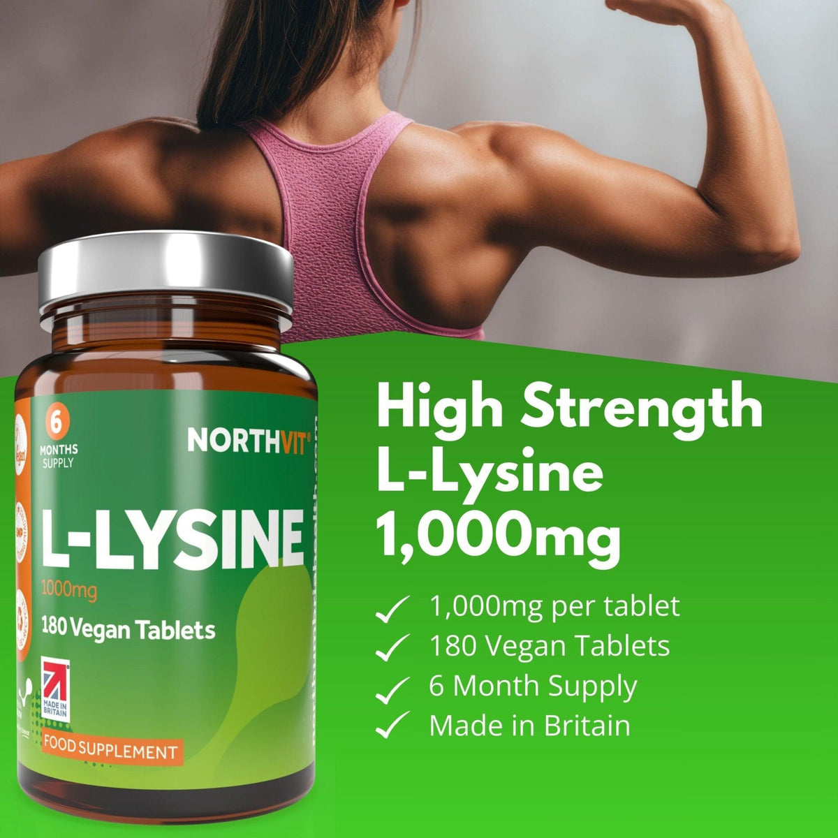 Northvit L-Lysine 1000mg vegan tablets bottle with a muscular woman flexing in the background