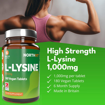 Northvit L-Lysine 1000mg vegan tablets bottle with a muscular woman flexing in the background