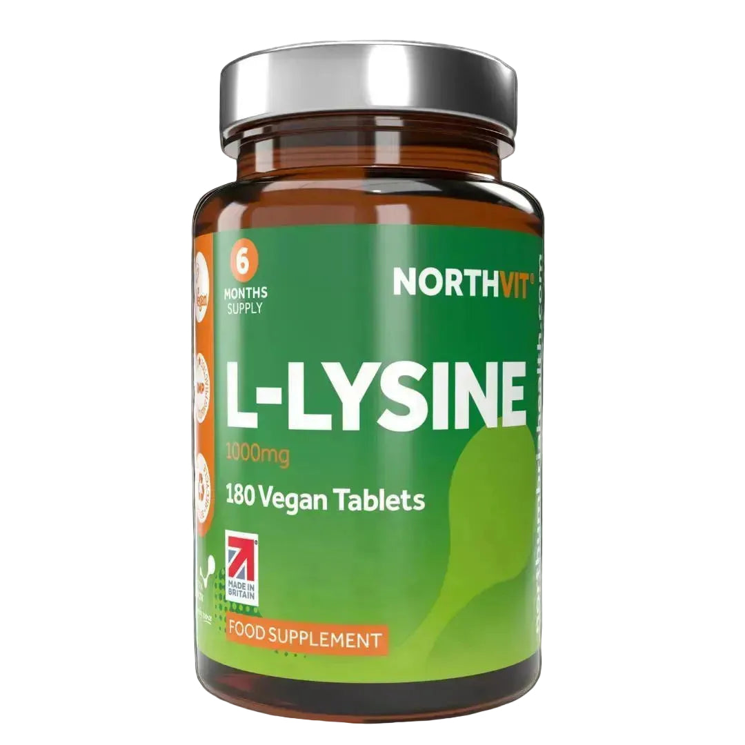 Northvit L-Lysine 1000mg 180 vegan tablets in an amber glass bottle with a silver cap.