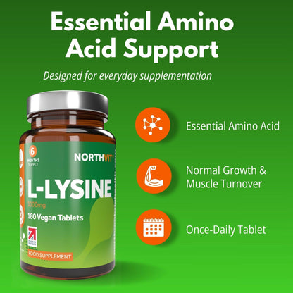 Northvit L-Lysine 1000mg 180 vegan tablets bottle on a green background