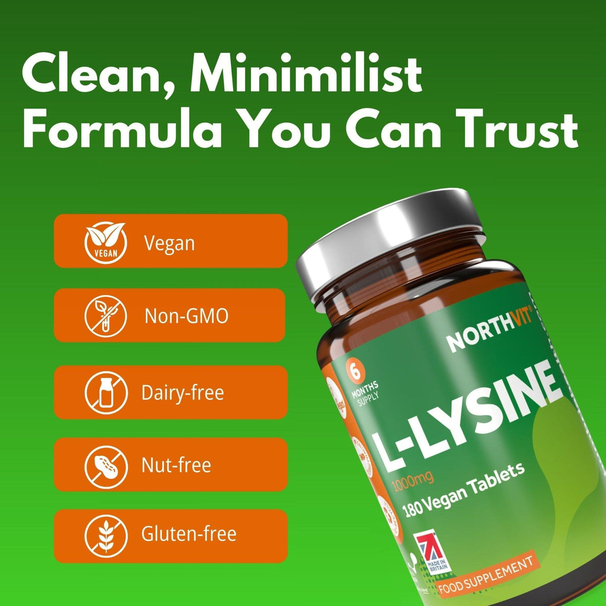 NorthVit L-Lysine 1000mg 180 vegan tablets bottle on a green background