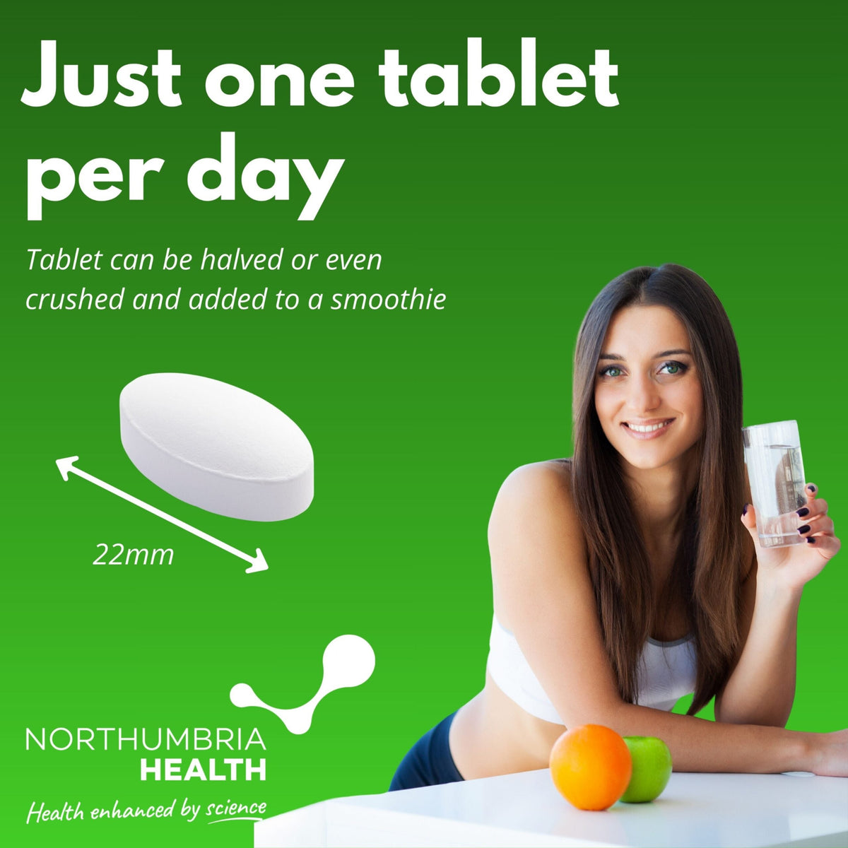 White 22mm L-Lysine tablet next to a smiling woman holding a glass of water on a green background.