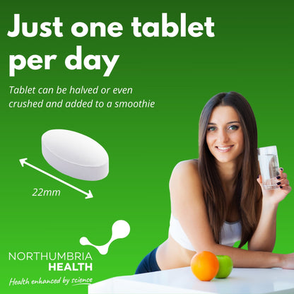White 22mm L-Lysine tablet next to a smiling woman holding a glass of water on a green background.