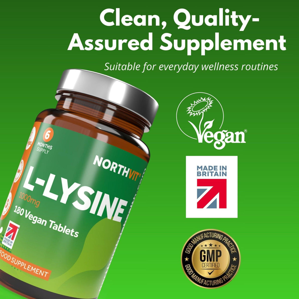 Northvit L-Lysine 1000mg vegan tablets in an amber bottle on a green background.