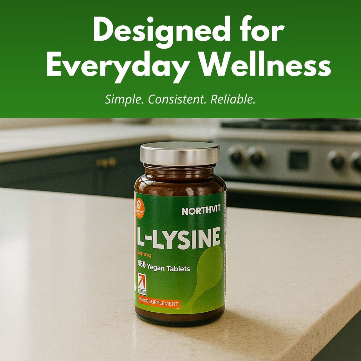 Northvit L-Lysine vegan tablets in an amber bottle on a kitchen counter