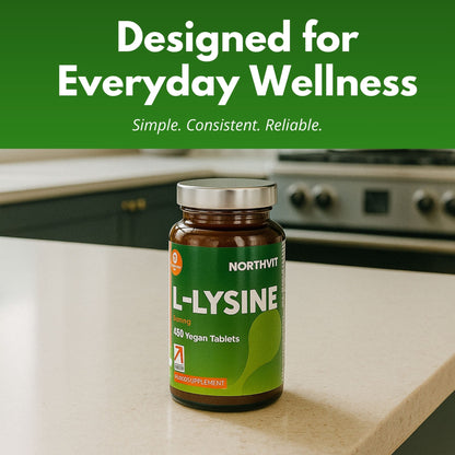 Northvit L-Lysine vegan tablets in an amber bottle on a kitchen counter