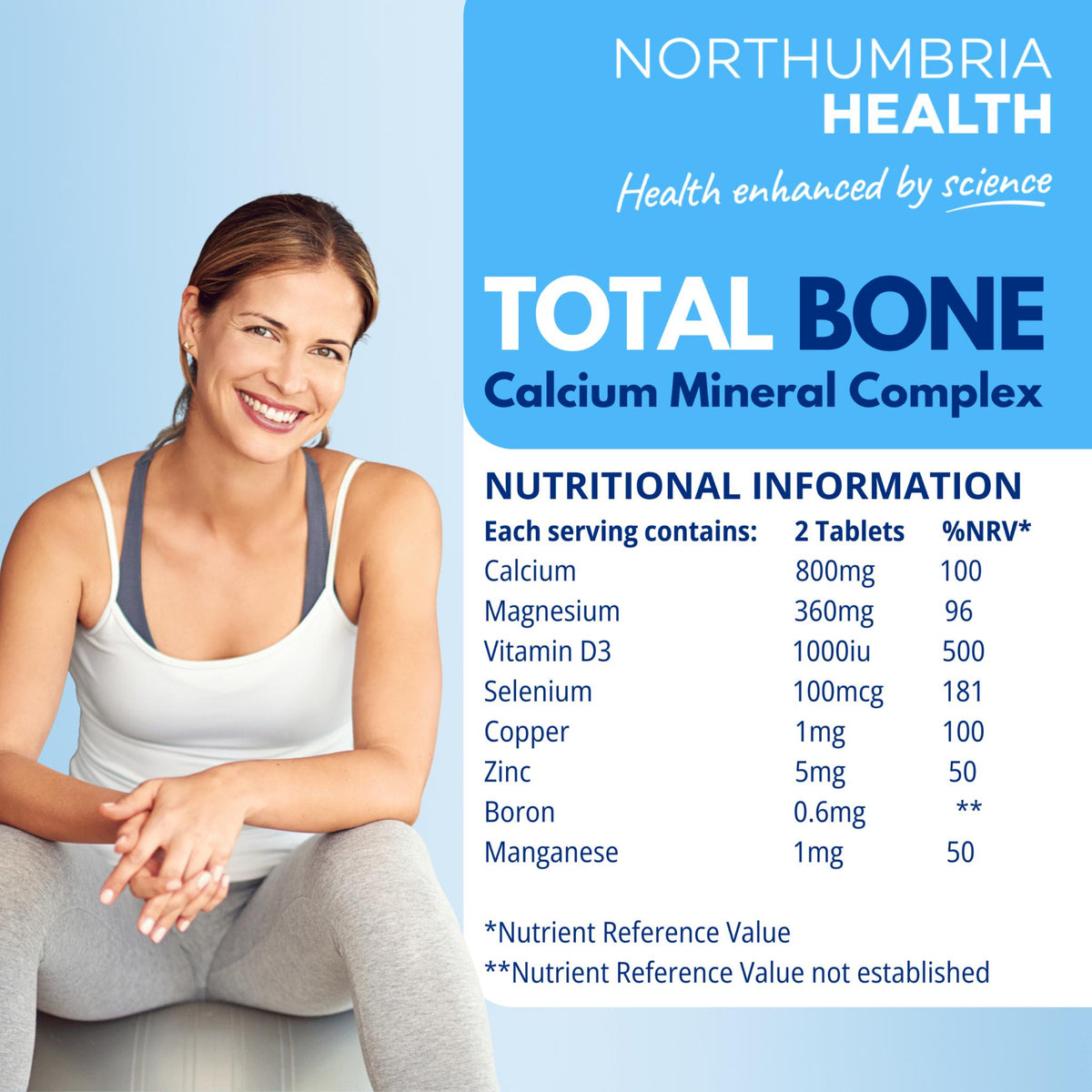 Northumbria Health Total Bone nutritional information next to a smiling woman in activewear.