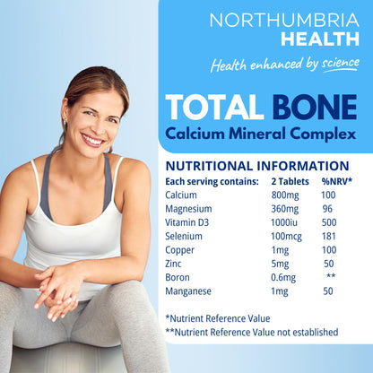 Northumbria Health Total Bone nutritional information next to a smiling woman in activewear.