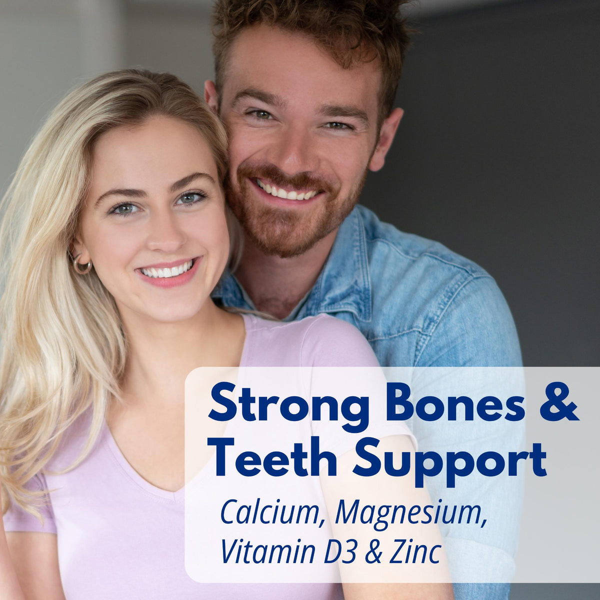 Smiling couple with text promoting Total Bone support with Calcium, Magnesium, Vitamin D3, and Zinc.