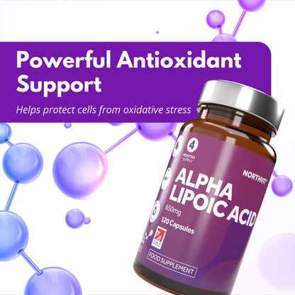 Northvit Alpha Lipoic Acid 650mg 120 capsules bottle with purple antioxidant graphic background