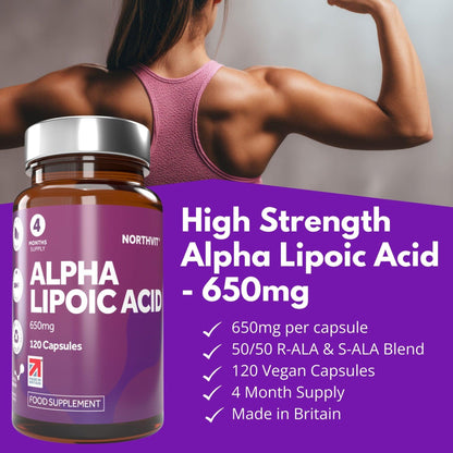 Northvit Alpha Lipoic Acid 650mg bottle with a muscular woman flexing in the background.