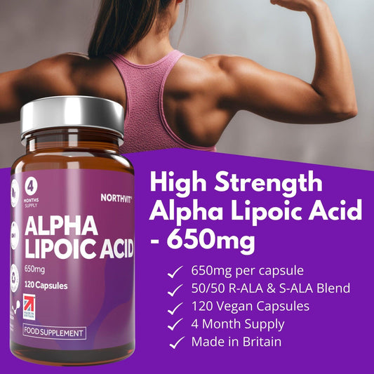 Northvit Alpha Lipoic Acid 650mg bottle with a muscular woman flexing in the background.