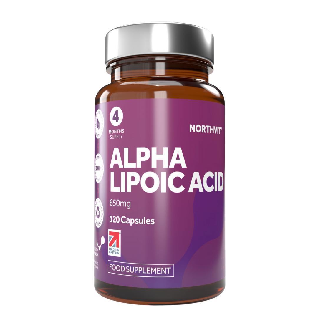 Northvit Alpha Lipoic Acid 650mg supplement in an amber glass bottle with a purple label.
