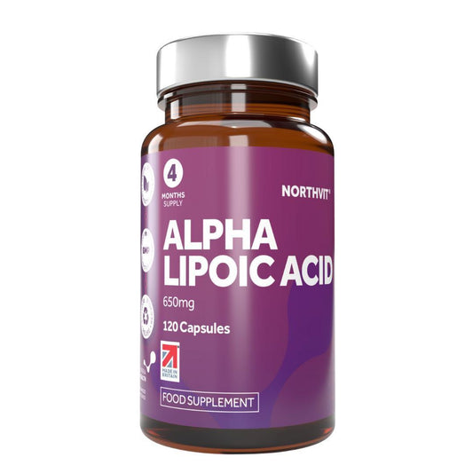 Northvit Alpha Lipoic Acid 650mg supplement in an amber glass bottle with a purple label.