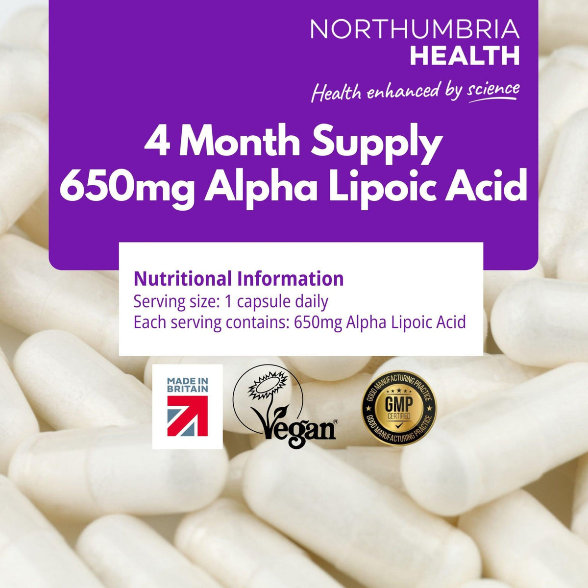 Northumbria Health 650mg Alpha Lipoic Acid capsules with vegan and GMP certified logos.