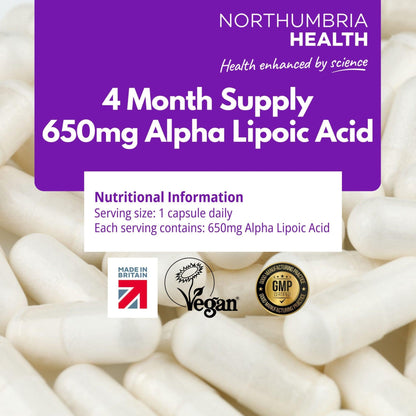Northumbria Health 650mg Alpha Lipoic Acid capsules with vegan and GMP certified logos.