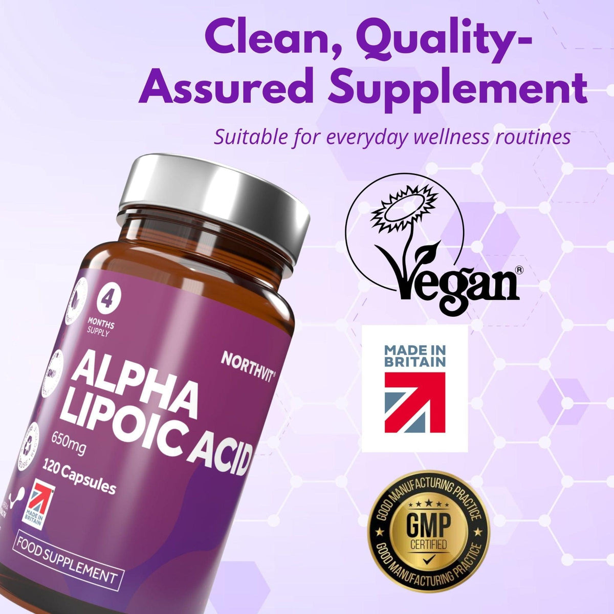 Northvit Alpha Lipoic Acid 650mg amber bottle with Vegan and Made in Britain logos