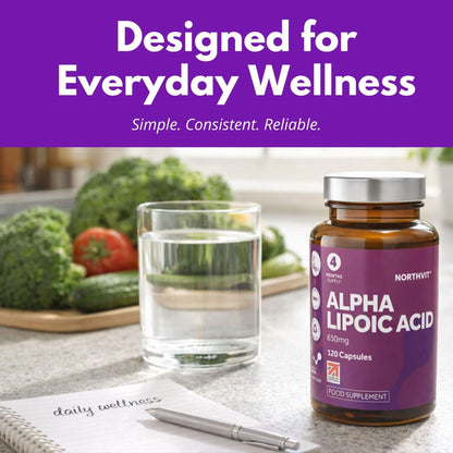 Northvit Alpha Lipoic Acid 650mg bottle next to a glass of water and fresh vegetables.