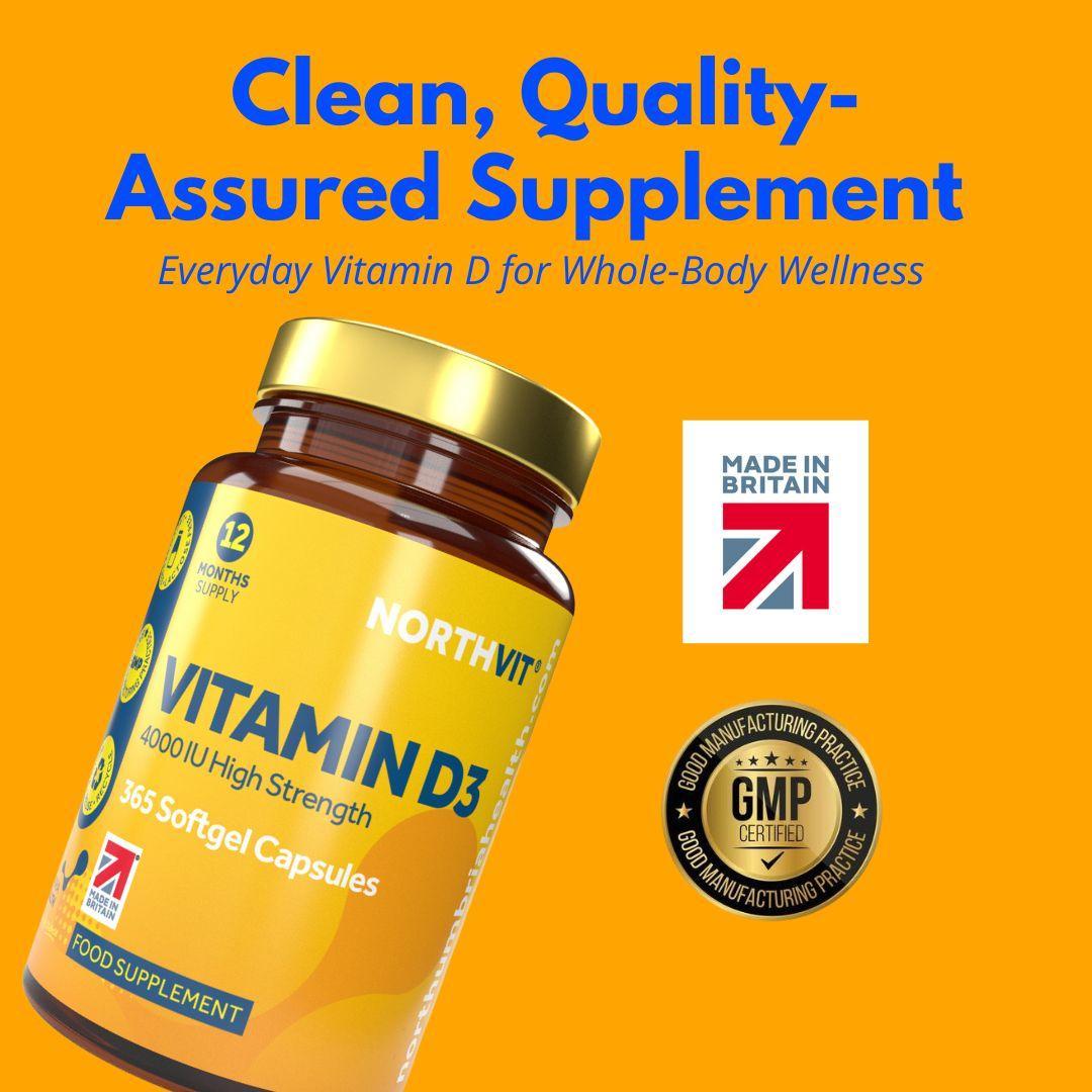 Northvit Vitamin D3 4000IU bottle with 365 softgel capsules on a yellow background.